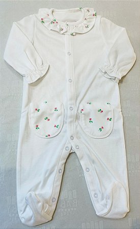 Macacão Branco  Pima Com Babado Flores