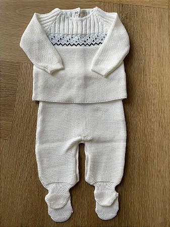 Conjunto Tricô Branco Bordado Azul Marinho E Azul Bebe