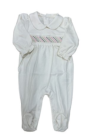 Macacão de Pima Off White Smock Verde Rosa e Cinza