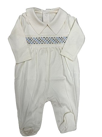 Macacão de Pima Off White Bordado Smock Azul e Cinza