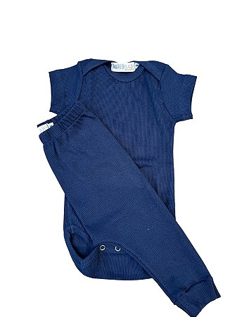 Conjunto Canelado Manga Curta Azul Marinho
