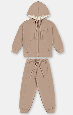 Conjunto Infantil Masculino em Moletom com Capuz Forrado Caqui Blush