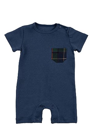 Macacão Curto Azul Marinho com Bolso Xadrez