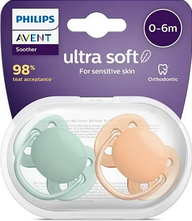 Chupeta Ultra Soft Dupla Neutra 0 A 6m Philips Avent Cor Verde e Laranja
