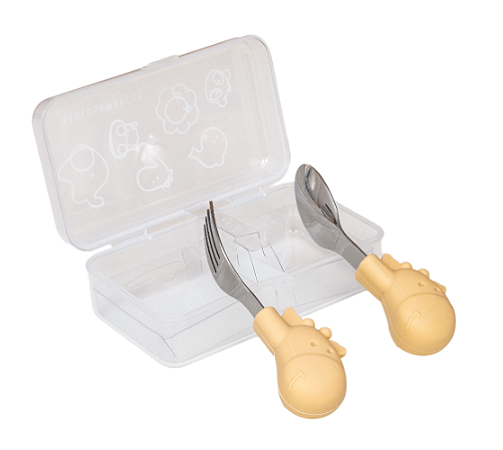 Primeiro Jogo de Colher e Garfo em Silicone e Inox (com Case) Girafa Lola - Amarelo Manteiga