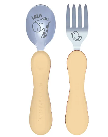 Jogo Anatômico Colher e Garfo em Silicone e Inox 2 pçs Girafa Lola Amarelo Manteiga (com Case)