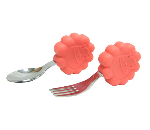 Primeiro Jogo de Colher e Garfo em Silicone e Inox (com Case) Leão - Coral