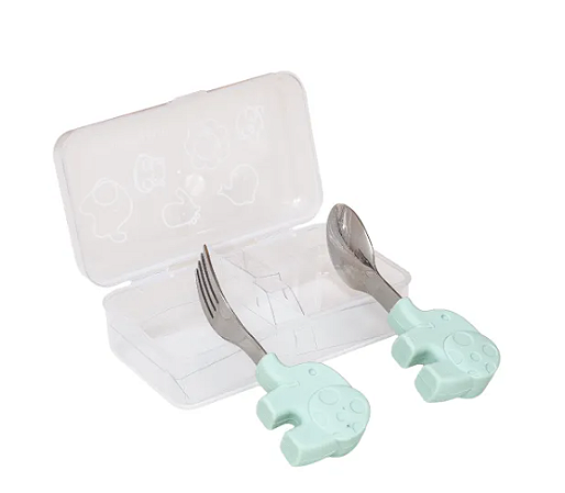Primeiro Jogo de Colher e Garfo em Silicone e Inox (com Case) - Elefante Verde Pastel