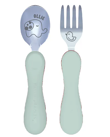 Jogo Anatômico Colher e Garfo em Silicone e Inox 2 pçs Elefante Ollie Verde Menta (com Case) Marcus & Marcus