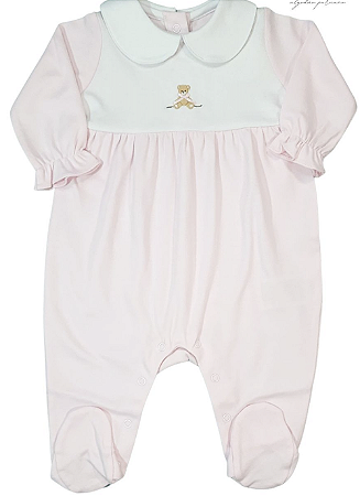 Macacão Algodão Pima Comprido Rosa Bebê Bordado Ursinha