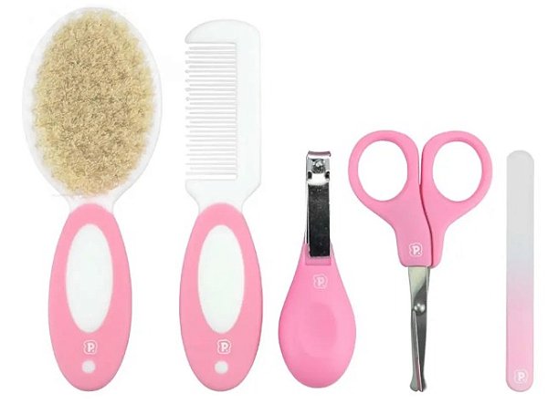 Kit Higiene Bebê 5 Peças Com Escova Cerdas Naturais Pimpolho Cor Rosa