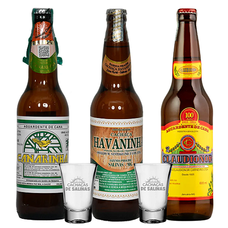 COMBO CACHAÇAS CANARINHA + HAVANINHA + CLAUDIONOR + 2 COPOS BRINDE