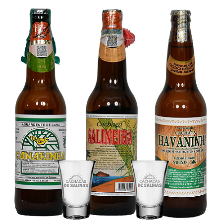 COMBO CACHAÇAS CANARINHA + HAVANINHA + SALINEIRA + 2 COPOS BRINDE