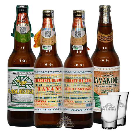 COMBO CACHAÇAS HAVANA + ANISIO + CANARINHA + HAVANINHA + 2 COPOS BRINDE