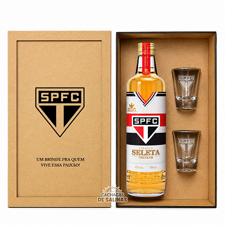Kit Cachaça Seleta São Paulo Tricolor + 2 Copos + Caixa
