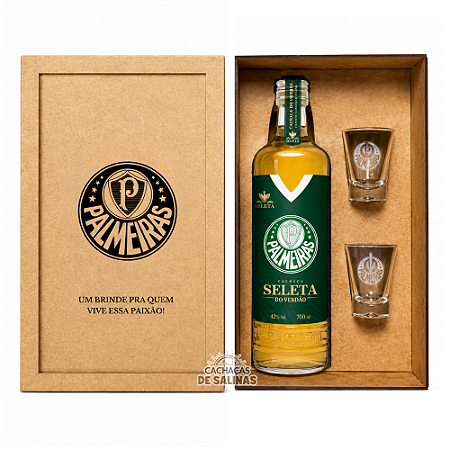 Kit Cachaça Seleta Palmeiras + 2 Copos + Caixa