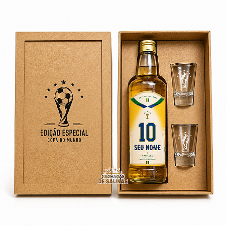 Kit Cachaça Personalizada Nome Edição Copa do Mundo + 2 Copos + Caixa