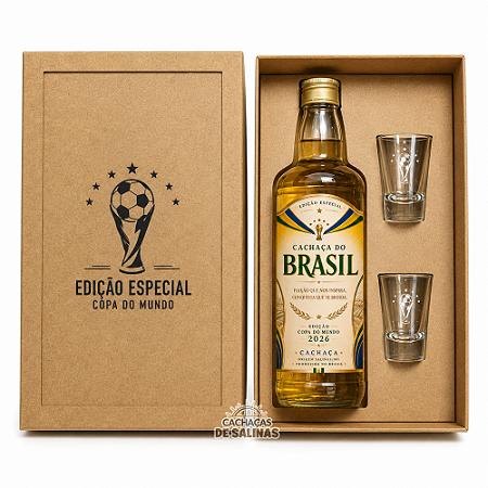 Kit Cachaça Ouro Edição Copa do Mundo + 2 Copos + Caixa