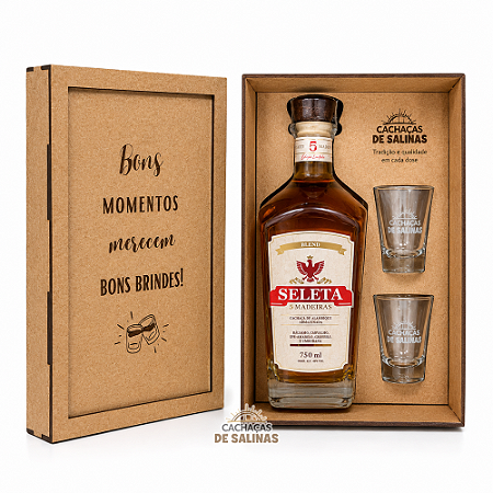 Kit Cachaça Seleta 5 Madeiras + 2 Copos + Caixa Especial