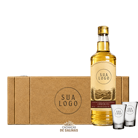 KIT CAIXA BAÚ CACHAÇA PERSONALIZADA 700ML LOGO + 2 COPOS