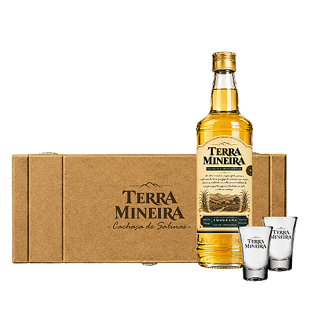 KIT CAIXA BAU CACHAÇA TERRA MINEIRA AMBURANA 700ML + 2 COPOS