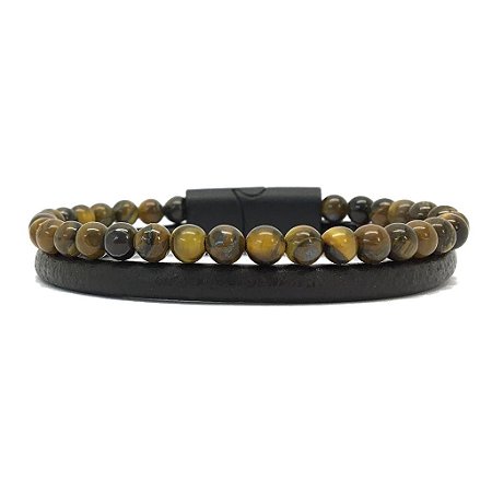 Pulseira de Couro com Pedras naturais Olho de Tigre