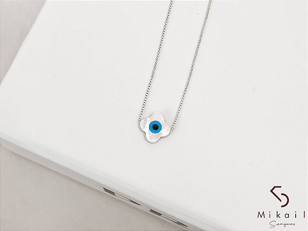 Colar de Prata Pingente de Madrepérola Olho Grego Trevo 10mm