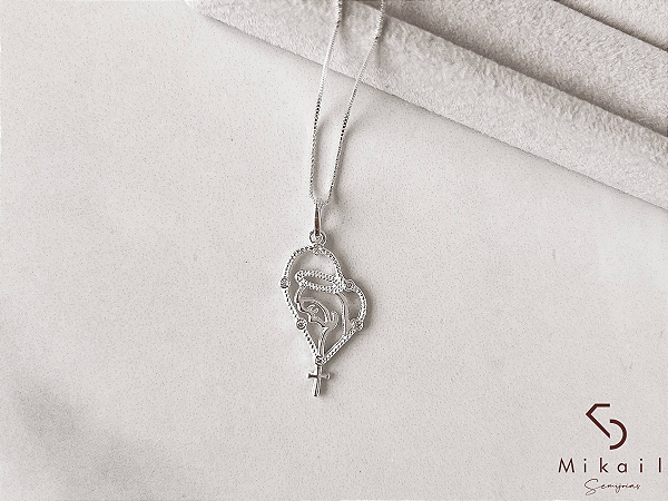 Colar de Prata Pingente Terço Nossa Senhora de Fátima