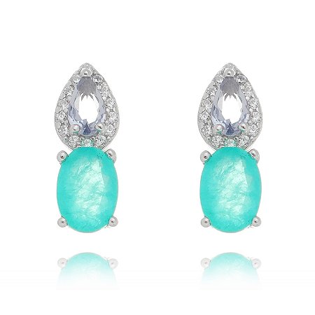 Brinco de Prata Gota Cravejado e Oval Colombiana e Tanzanita