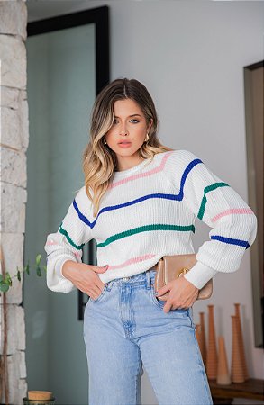 Blusa Feminina Listras de Tricô Manga Bufante