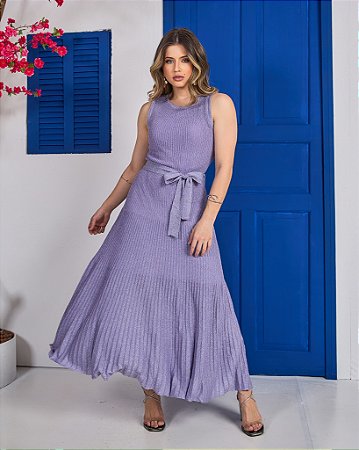 Vestido Lavanda Verão Brilhante Midi Cinto Tricot