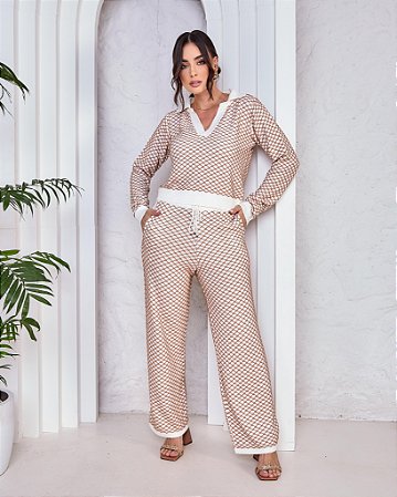 Conjunto Tricot Feminino Blusa Manga Longa & Calça Wide Leg