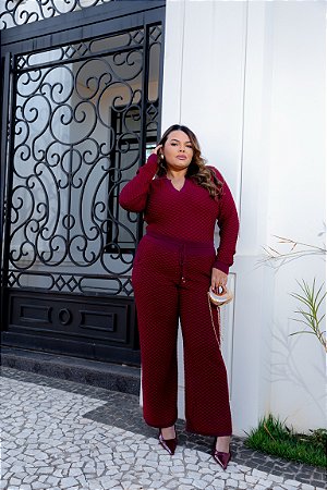 Conjunto Tricot Feminino Blusa Manga Longa & Calça Wide Leg