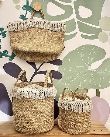 Cesta e Cachepot Decorativo Boho Chic com Alças e Franja