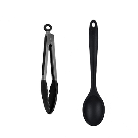 Jogo 2 Peça Colher  27cm e Pinça Pegador Multiuso 25cm em Silicone Preto UnyHome.