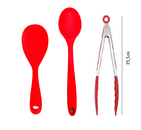 Conjunto de 3 Peças - Colher de Arroz 22,5 cm e 27 cm e Pinça Pegador 25 cm em Silicone Vermelho - UNYHOME