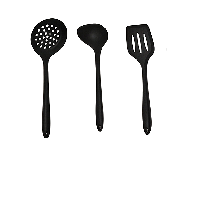 Conjunto de 3 Peças - Concha,Escumadeira e Espátula Vazada em Silicone Preto Livre de BPA UNYHOME.