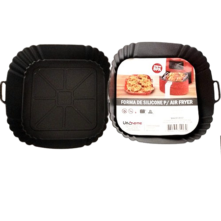 Kit com Dois Forros para Air Fryer Quadrada 21cm e 1 Pinça Multiuso de 25cm em Silicone Preto - UnyHome