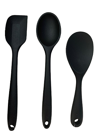 Conjunto de 3 Peças - Colher de Arroz 22,5cm e 27cm e Espátula 27cm em Silicone Preto - UNYHOME