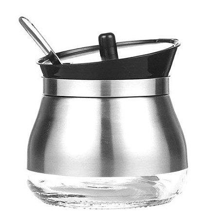 Açucareiro de Vidro Revestido em Aço Inox com Colher UNYHOME. Medidas.: 9 x 8,5 cm  Peso: 0,300 gr  Capacidade : 230 ml