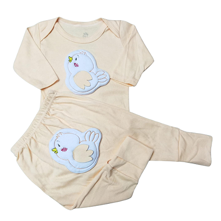 KIT 2 PÇS - BODY MANGA LONGA SUEDINE CLARO BORDADO SOLTO E CALÇA VIRA PÉ SUEDINE CLARO BORDADO SOLTO