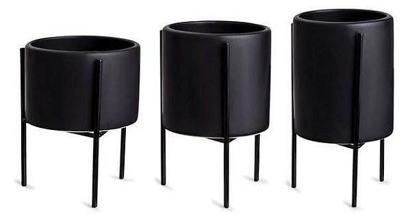 Cachepot Preto com suporte em Metal - Com 3 peças