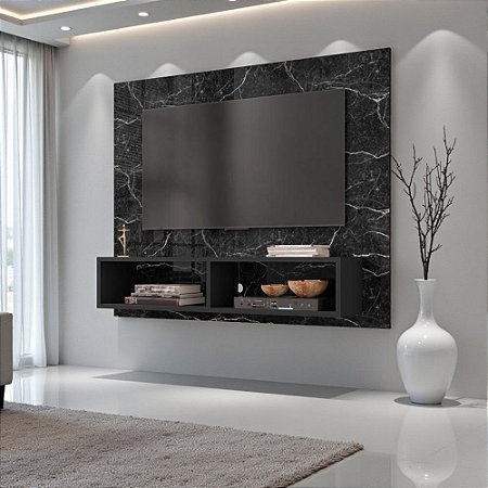 Painel Para Tv Preto Com Nicho Suspenso Nero