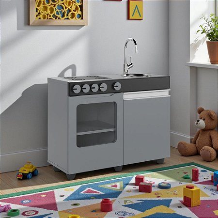 Cozinha De Brinquedo Infantil Mini Cinza Preto