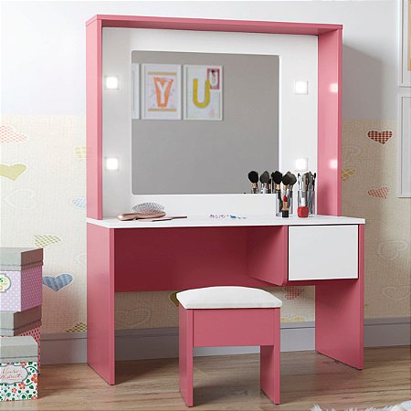 Penteadeira Infantil Diana Led E Banqueta Branco Rosa