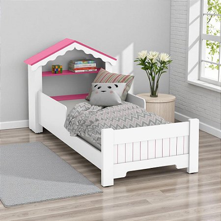 Cama Solteiro Casa Princesa Branco Rosa