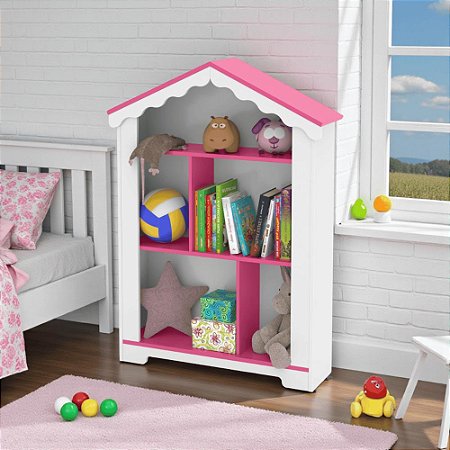 Estante Infantil Casinha Organizadora Branco Rosa