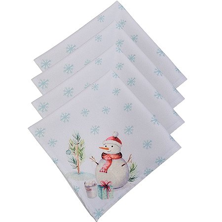 Kit 4 Guardanapos De Tecido Boneco De Neve Branco 40cmx40cm - UN / 4