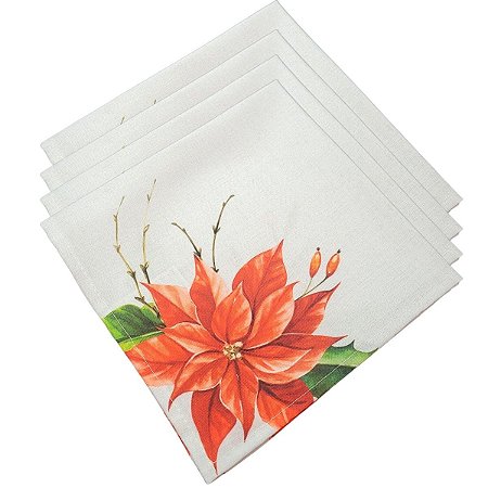 Kit 4 Guardanapos De Tecido Flor Natal 40cmx40cm - UN / 4