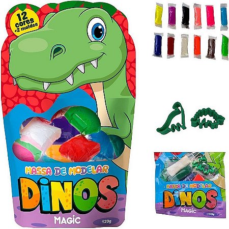 Massa Para Modelar Criativa Dino 120g Com 12 Cores E 2 Moldes